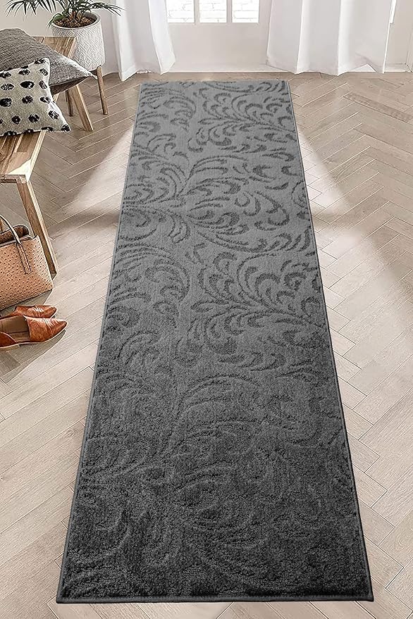 6 Ft Non-Slip Dark Grey Anthracite Hallway Kitchen Runner Rug, 2'7" X 6' Washable Carpet - Rubber Backed, Charcoal Custom Size Floor Mat for Entryway Stairs Bedroom Bathroom Mudroom, Floral