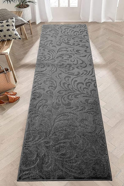 9 Ft Non-Slip Dark Grey Anthracite Hallway Kitchen Runner Rug, 2'7" X 9' Washable Carpet - Rubber Backed, Charcoal Custom Size Floor Mat for Entryway Stairs Bedroom Bathroom Mudroom, Floral
