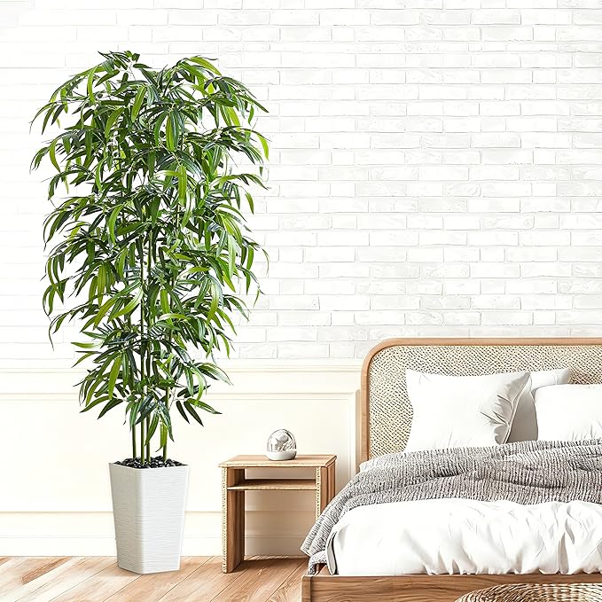 Artificial Bamboo Tree 6FT Tall Fake Plants Faux Bamboo Plant with White Tall Planter, Artificial Fake Trees Silk Plant with 5 Trunks and Lifelike Leaves for Home Office Indoor Outdoor Decor