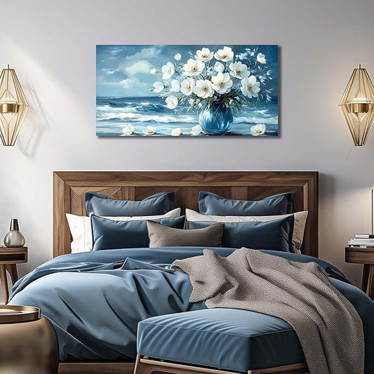 Flower Wall Art for Living Room, Ocean Canvas Wall-Decor for Bedroom, Blue and White Picture Print Artwork for Office, Size 40 x 20 Inches