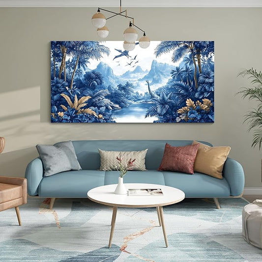 HKDGOKA Vintage Forest Wall Art, Blue Large Jurassic Dinosaur Canvas Pictures Tree Mountains Lake Landscape Paintings Artwork for Bedroom Living Room Kitchen Home Office Decor 24x48 IN