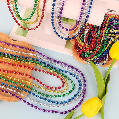 24PCS Mardi Gras Beads, Metallic 6 Kinds of Color Bead Necklaces, Aesthetic 32" Oval Necklaces Costume Beaded Party Favors, Festival Parade Throw Accessories for Wedding Birthday Party Favors Decor