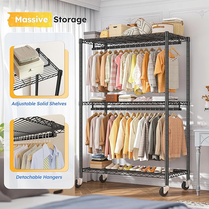 Raybee Clothes Rack, 81" H Clothing Racks for Hanging Clothes, Garment Rack with Wheels and Adjustable Feets, Max Load 440LBS, Black