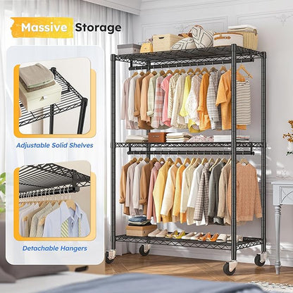 Raybee Clothes Rack, 81" H Clothing Racks for Hanging Clothes, Garment Rack with Wheels and Adjustable Feets, Max Load 440LBS, Black