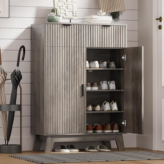 Shoe Cabinet Storage for Entryway with Doors, 4 Tier Fluted Shoe Organizer with 2 Drawers, Entryway Shoe Storage with Adjustable Shelves, Freestanding Hidden Shoe Rack for Front Door Entrance, Grey