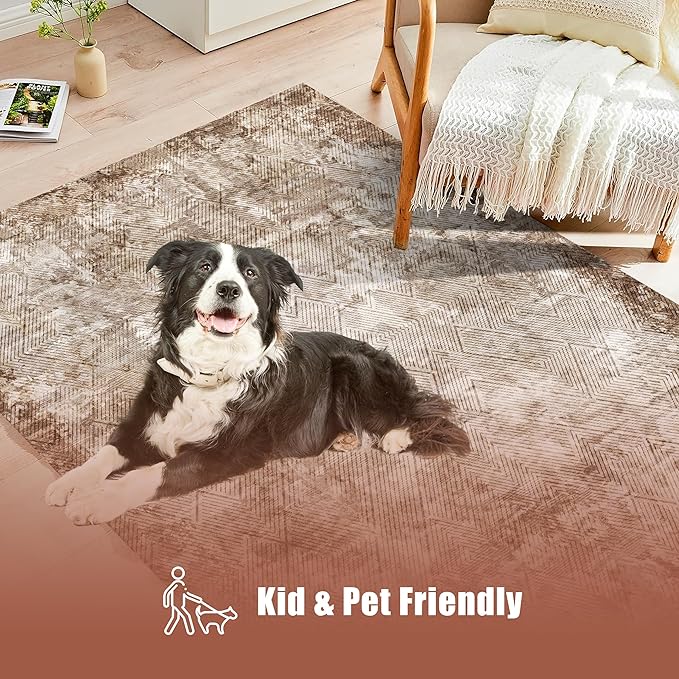 8' x 10' Washable Area Rug - Low Pile Soft Vintage Indoor Rug for Living, Dining or Bedroom - Lightweight Carpet with Non-Slip Backing - Foldable for Easy Placement, Brown
