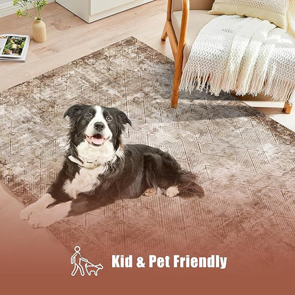 8' x 10' Washable Area Rug - Low Pile Soft Vintage Indoor Rug for Living, Dining or Bedroom - Lightweight Carpet with Non-Slip Backing - Foldable for Easy Placement, Brown
