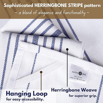 Native Fab Kitchen Dish Towels 16"x26" Set of 4 Herringbone Weave - Scandia Stripe 100% Cotton Tea Towels, Dishcloths, Washable Absorbent Hand Towels with Hanging Loop - Blue White