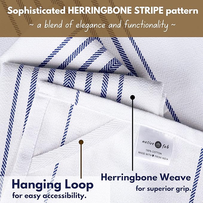 Native Fab Blue Kitchen Dish Towels 16"x26" Set of 12 Herringbone Weave - Scandia Stripe 100% Cotton Tea Towels, Dishcloths, Absorbent Reusable Hand Towels with Hanging Loop - Blue White