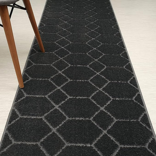 Custom Size Hallway Carpet Runner Rug, Slip Resistant, 31 Inch Wide X Your Choice of Length, Trellis Anthracite, 31 Inch X 50 feet
