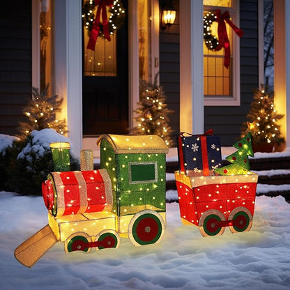 5FT Light-Up Christmas Train Decor with 170 LED Lights, 3D Pre-Lit Train Set with Gift Box and Christmas Tree for Xmas Decoration, Freestanding Glittered Holiday Display for Outdoor, Indoor