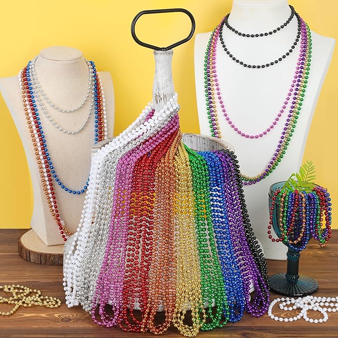 200PCS Mardi Gras Beads, Metallic 12 kinds Bead Necklace Party Favors, 33" Mardi Gras Necklace Bulk Accessories Stuff, Festival Parade Throw for Wedding Birthday Mardi Gras Celebrations Decorations