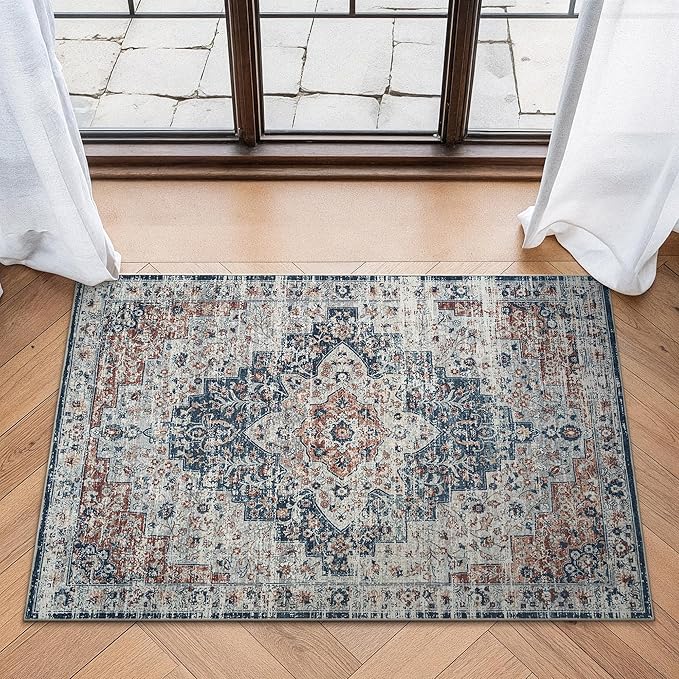 Bloom Rugs Washable Non-Slip 2x3 Rug - Terracotta/Teal Traditional Oriental Area Rug for Living Room, Bedroom, Dining Room, and Kitchen - Exact Size: 2' x 3'