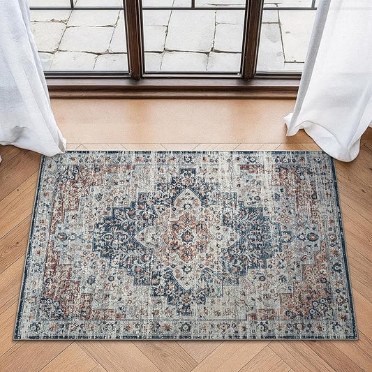 Bloom Rugs Washable Non-Slip 2x3 Rug - Terracotta/Teal Traditional Oriental Area Rug for Living Room, Bedroom, Dining Room, and Kitchen - Exact Size: 2' x 3'