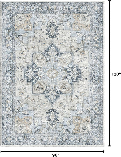 GENIMO 8x10 Area Rugs for Living Room, Machine Washable Non Slip Vintage Rugs, Low Pile Lightweigt Chenille Print Indoor Rug for Bedroom, Dining Room, Home Office, Blue