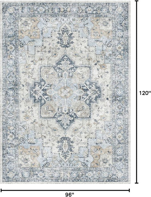 GENIMO 8x10 Area Rugs for Living Room, Machine Washable Non Slip Vintage Rugs, Low Pile Lightweigt Chenille Print Indoor Rug for Bedroom, Dining Room, Home Office, Blue