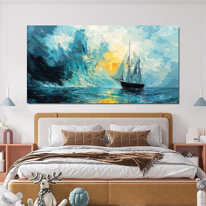 Canvas Wall Art Decor Abstract Canvas Art Wall Decor Abstract Coastal Wall Art Prints Modern Blue Green Wall Art Decorations Artwork for Walls Foggy Boat Bedroom Office Kitchen Wall Decor 20" X 40"