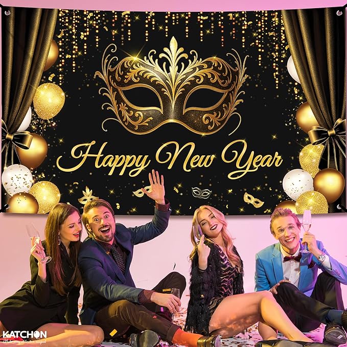 KatchOn, Happy New Year Banner 2026 - XtraLarge, 72x44 Inch | Happy New Year Backdrop with Mask for Happy New Years Decorations 2026 | NYE Backdrop for NYE Decorations 2026 | New Years Eve Party Supplies 2026