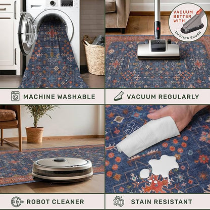 Washable 3x8 Long Runner for Wide Kitchen Floor - Navy Blue 8ft Hallway Runner Rug, Pet Friendly Waterproof Non Slip with Rubber Backing, Stain Resistant Area Rug