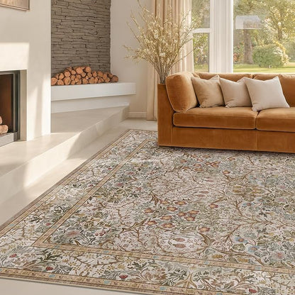 Hazo Haus Vintage Moss Green Living Room Rug, 7x10 Washable Large Area Rugs for Bedroom, Dining Room Rugs Under Kitchen Table, Oriental Taupe Low Pile Stain Resistant Non-Slip