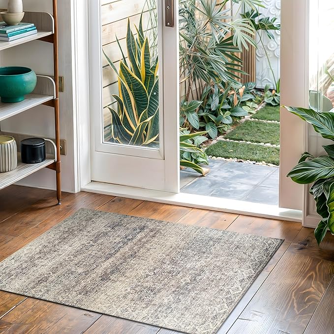 Bloom Rugs Washable Non-Slip 2x3 Rug - Beige Brown/Teal Traditional Oriental Area Rug for Living Room, Bedroom, Dining Room, and Kitchen - Exact Size: 2' x 3'