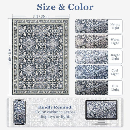 Small Area Rugs 3x4, Dark Blue Throw Rugs for Kitchen Bathroom Bedroom, Washable Non Slip Ultra Thin Front Indoor Door Mats for Entrance Entryway Foyer, Transitional Floral Trellis Printed