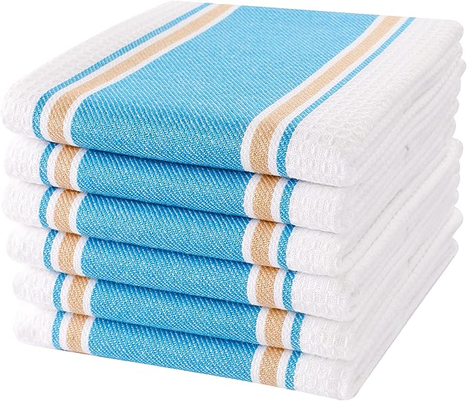 Goroly Home 6 Pack 100% Cotton Farmhouse Vintage Dish Towels Tea Towels Highly Absorbent Quick Dry Professional Grade with Hanging Loop - Twill Waffle - 18x28 Inch - Turquoise Blue