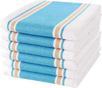 Goroly Home 6 Pack 100% Cotton Farmhouse Vintage Dish Towels Tea Towels Highly Absorbent Quick Dry Professional Grade with Hanging Loop - Twill Waffle - 18x28 Inch - Turquoise Blue