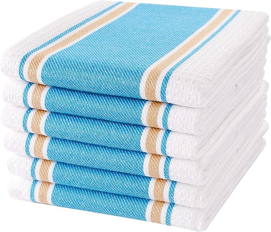 Goroly Home 6 Pack 100% Cotton Farmhouse Vintage Dish Towels Tea Towels Highly Absorbent Quick Dry Professional Grade with Hanging Loop - Twill Waffle - 18x28 Inch - Turquoise Blue
