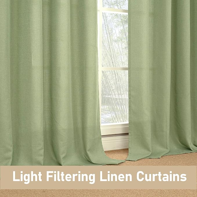 LAMIT Sage Green Linen Curtains for Living Room 84 inch Length, Spring Room Decor Linen Textured Light Filtering Curtains with Grommet for Bedroom/Farmhouse, Set of 2 Panels, W52 x L84