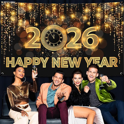 Katchon, Xtralarge Happy New Year Banner - 72x44 Inch | Happy New Year 2026 Banner for New Years Decorations 2026 | NYE Backdrop for New Years Eve Party Supplies 2026 | NYE Decorations 2026