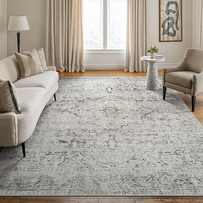 Bloom Rugs Caria Washable Non-Slip 9x12 Rug - Ivory/Gray/Caramel Traditional Area Rug for Living Room, Bedroom, Dining Room, and Kitchen - Exact Size: 9' x 12'