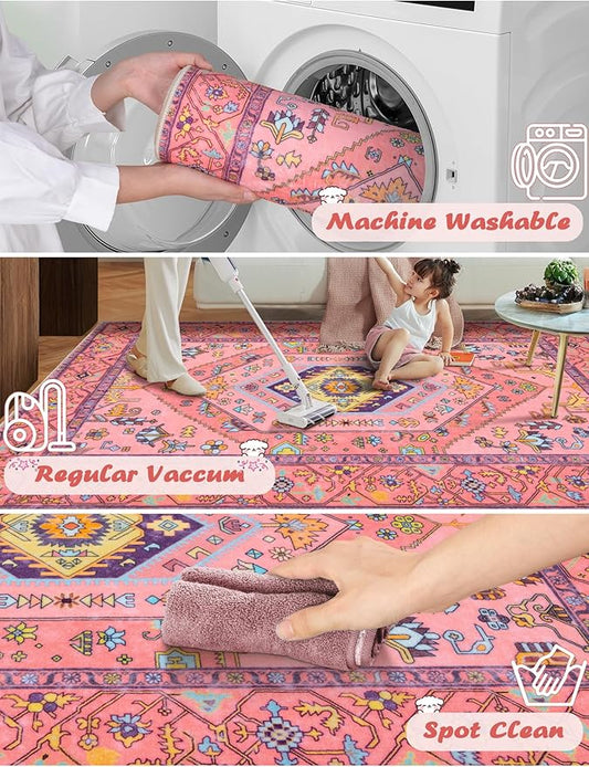 SERISSA Washable Kitchen Runner Rug, 2x5 Non-Slip Fuchsia Pink Runner Rugs for Hallway, Ultra Soft Cute Boho Aesthetic Low-Pile Floor Carpet for Bedroom Bathroom Laundry Living Room