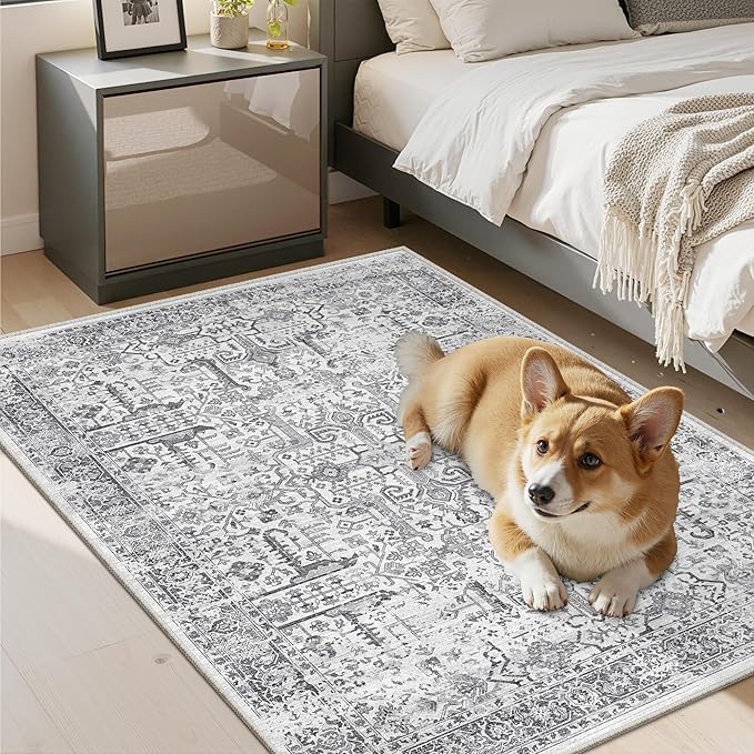 Washable 2x3 Entryway Area Rug - Small Non Slip Vintage Kitchen Runner Rugs Indoor Entrance Soft Neutral Stain Resistant Bathroom Mat Farmhouse Carpet for Bedroom Living Room Entry Laundry 2'x3' Grey
