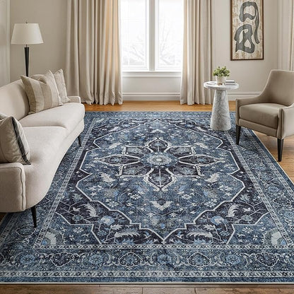 Bloom Rugs Caria Washable Non-Slip 6x9 Rug - Blue/Charcoal Traditional Area Rug for Living Room, Bedroom, Dining Room, and Kitchen - Exact Size: 6' x 9'