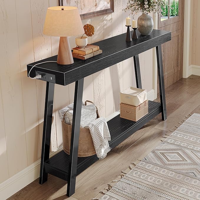 Huuger Console Table with Charging Station, USB-C Port, 2 Tiers Entryway Table, 53.9 Inch Sofa Table with Metal Legs, Entry Hallway Table with Thicker Desktop, Modern Behind Couch Table, Black