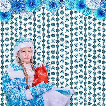 BRAVESHINE Blue Party Snowflake Backdrop - 2 Pack Hanging Foil Fringe Snow Flakes Party Streamers Curtain for Christmas Winter-Themed Frozen Birthday Bridal Shower Holiday New Year Party Decorations