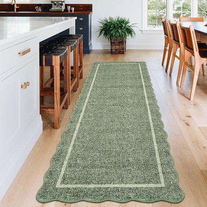 GarveeHome Scalloped Runner Rug for Hallway 2x10 Kitchen Rugs Non Slip Washable Modern Entryway Rug Farmhouse Soft Bathroom Rugs Stain Resistant Carpet for Hallway Laundry Bedroom 2'x6' Greyish Green