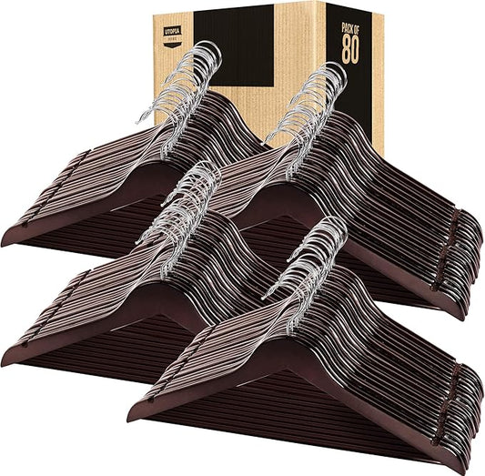 Utopia Home Premium Wooden Hangers 80 Pack - Durable & Slim Coat Hanger - Suit Hanger with 360-Degree Rotatable Hook - Wood Hangers with Shoulder Grooves (Brown Color)