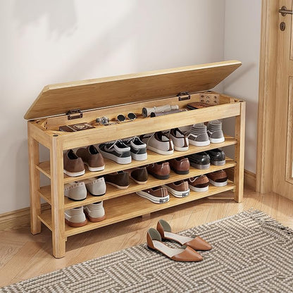 Shoe Rack Bench Seat Rubberwood 3-Tier Wooden Storage Bench 550lbs Compact Mid-Century Modern Design for Entryway, Hallway, Closet, Front Door Entrance, Foyer