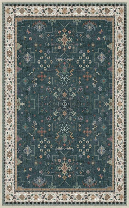 Dark Green Oushak 5x8 Living Room Rug - Modern Vintage Boho Eclectic Floral Pastel, Washable Low Pile Non-Slip Large Area Rugs for Nursery Dining Under Table Bedroom Lounge