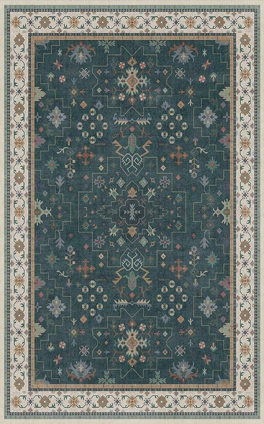 Dark Green Oushak 5x8 Living Room Rug - Modern Vintage Boho Eclectic Floral Pastel, Washable Low Pile Non-Slip Large Area Rugs for Nursery Dining Under Table Bedroom Lounge