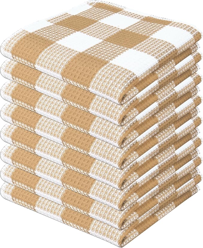 Waffle Weave Plaid Dish Cloths, 100% Cotton - 12 x 12 Inches, Ultra Soft Absorbent Quick Drying Dish Towels Buffalo Check Dish Rags for Kitchen, 8 Pack -Fall Thanksgiving -Beige & White