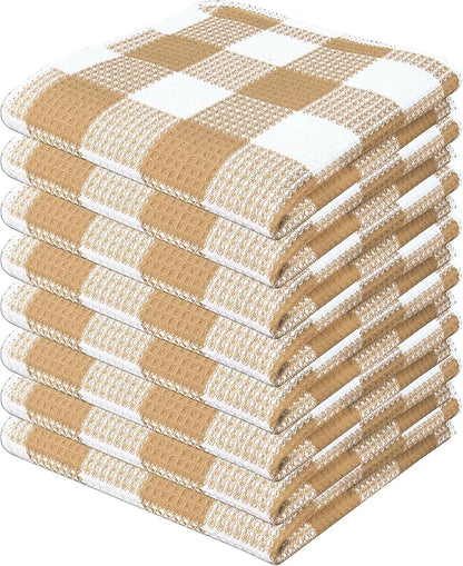 Waffle Weave Plaid Dish Cloths, 100% Cotton - 12 x 12 Inches, Ultra Soft Absorbent Quick Drying Dish Towels Buffalo Check Dish Rags for Kitchen, 8 Pack -Fall Thanksgiving -Beige & White