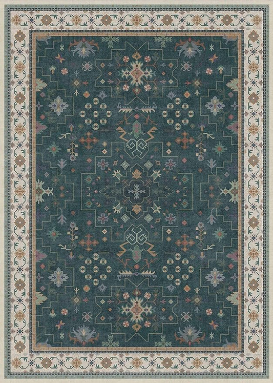 Dark Green Oushak 5x7 Living Room Rug - Modern Vintage Boho Eclectic Floral Pastel, Washable Low Pile Non-Slip Large Area Rugs for Nursery Dining Under Table Bedroom Lounge
