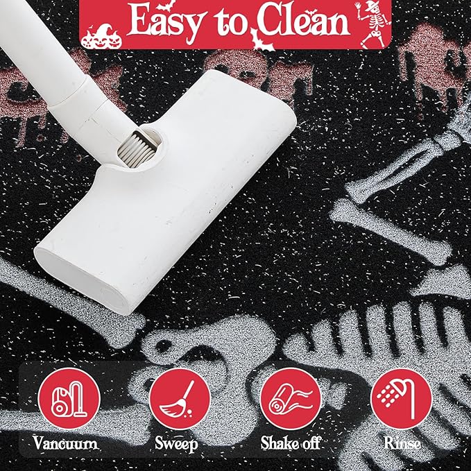 Halloween Door Mat, Halloween Doormat Outdoor Front Door Entrance Absorbent Entry Mat with Non Slip Backing, 17''x30'', Skeleton Black