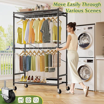 Raybee 80.32" H Clothes Rack,Rolling Clothing Racks for Hanging Clothes Heavy Duty Portable Garment Rack with Wheels 35.4" Wx15.75 Dx80.32 H,Black