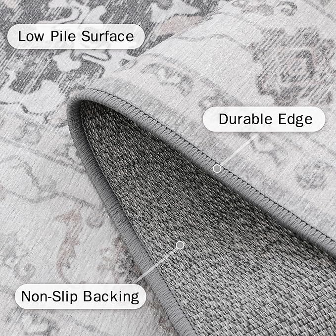 GENIMO 5x7 Area Rugs for Living Room, Machine Washable Rug, Non Slip Indoor Vintage Rug, Low Pile Lightweight Chenille Print Carpet for Bedroom Dining Room Home Office, Gray