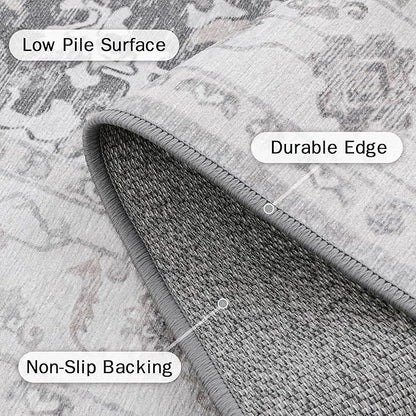 GENIMO 5x7 Area Rugs for Living Room, Machine Washable Rug, Non Slip Indoor Vintage Rug, Low Pile Lightweight Chenille Print Carpet for Bedroom Dining Room Home Office, Gray