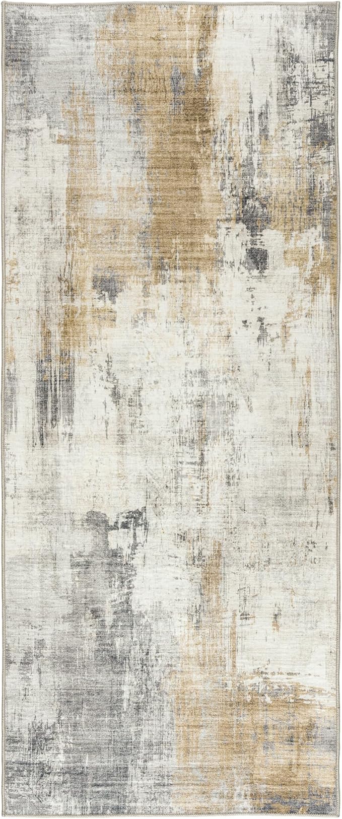 ReaLife Rugs Machine Washable Area Rug Runner - Living Room Bedroom Bathroom Kitchen Entryway Office - Padded Low Pile Stain Resistant Premium - Modern Abstract Contemporary - Quinn - Beige 2'6" x 6'